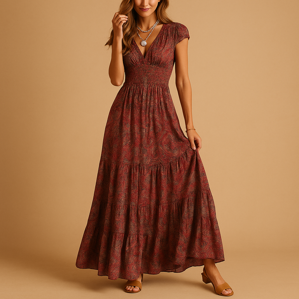Elegant women’s floral maxi dress with ruffled collar and flattering fit, perfect for parties, dinners, and everyday elegance.