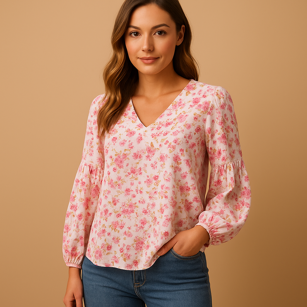 Floral summer blouse for women with lightweight fabric and long sleeves, perfect for work, leisure, and warm weather days.