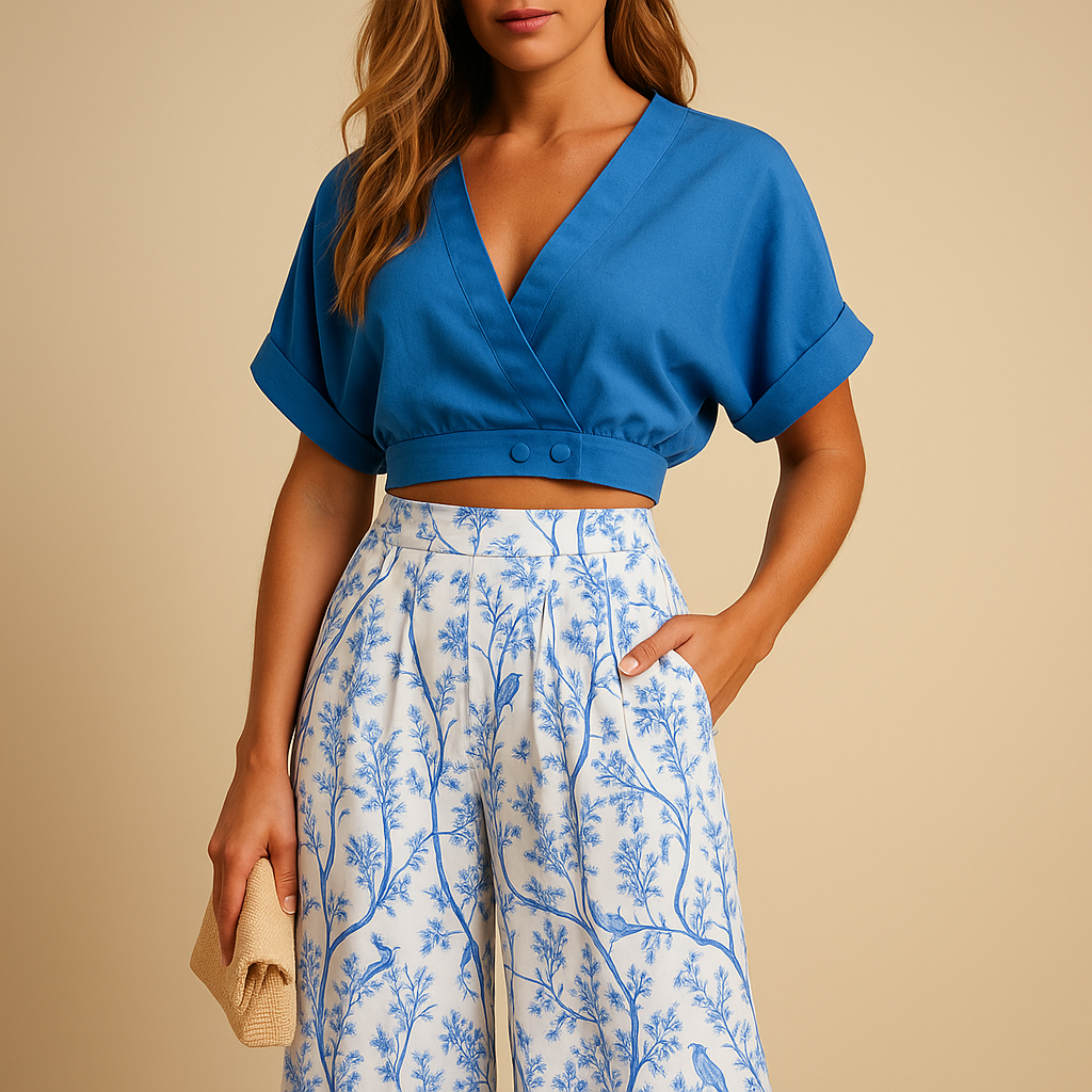 Floral top and wide leg pants summer set for women with breathable fabric and flattering fit, available in white, black, blue, and multicolor floral pattern.