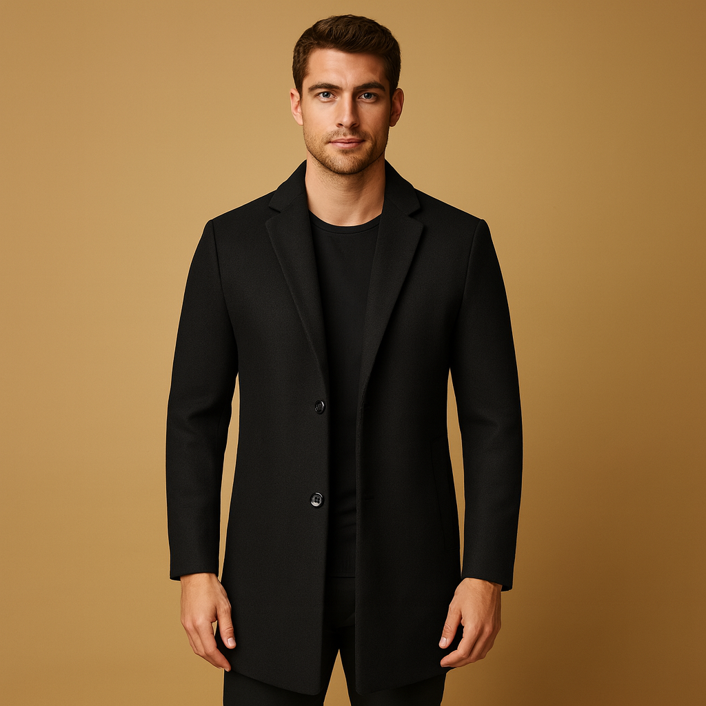 Men’s formal long winter coat with modern cut, warm and wind-resistant, perfect for autumn, winter, business wear, and formal occasions.