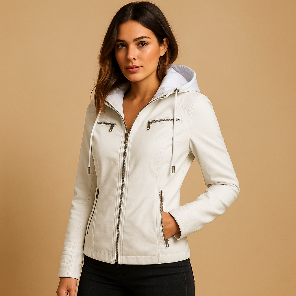Genuine leather biker jacket for women with flattering fit, durable zipper, and versatile design, perfect for casual or chic layered outfits.