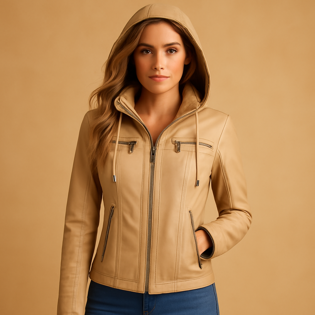 Genuine leather biker jacket for women with flattering fit, durable zipper, and versatile design, perfect for casual or chic layered outfits.