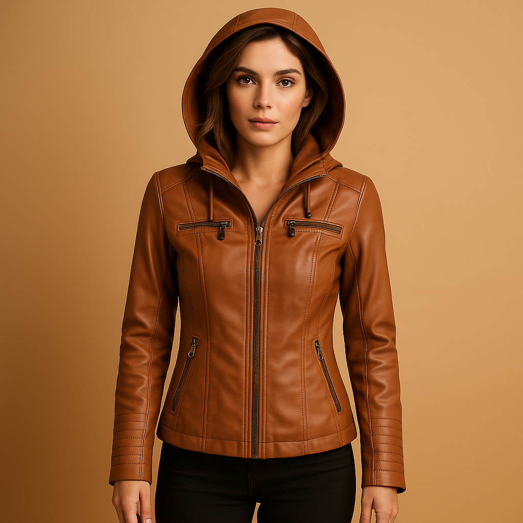 Genuine leather biker jacket for women with flattering fit, durable zipper, and versatile design, perfect for casual or chic layered outfits.