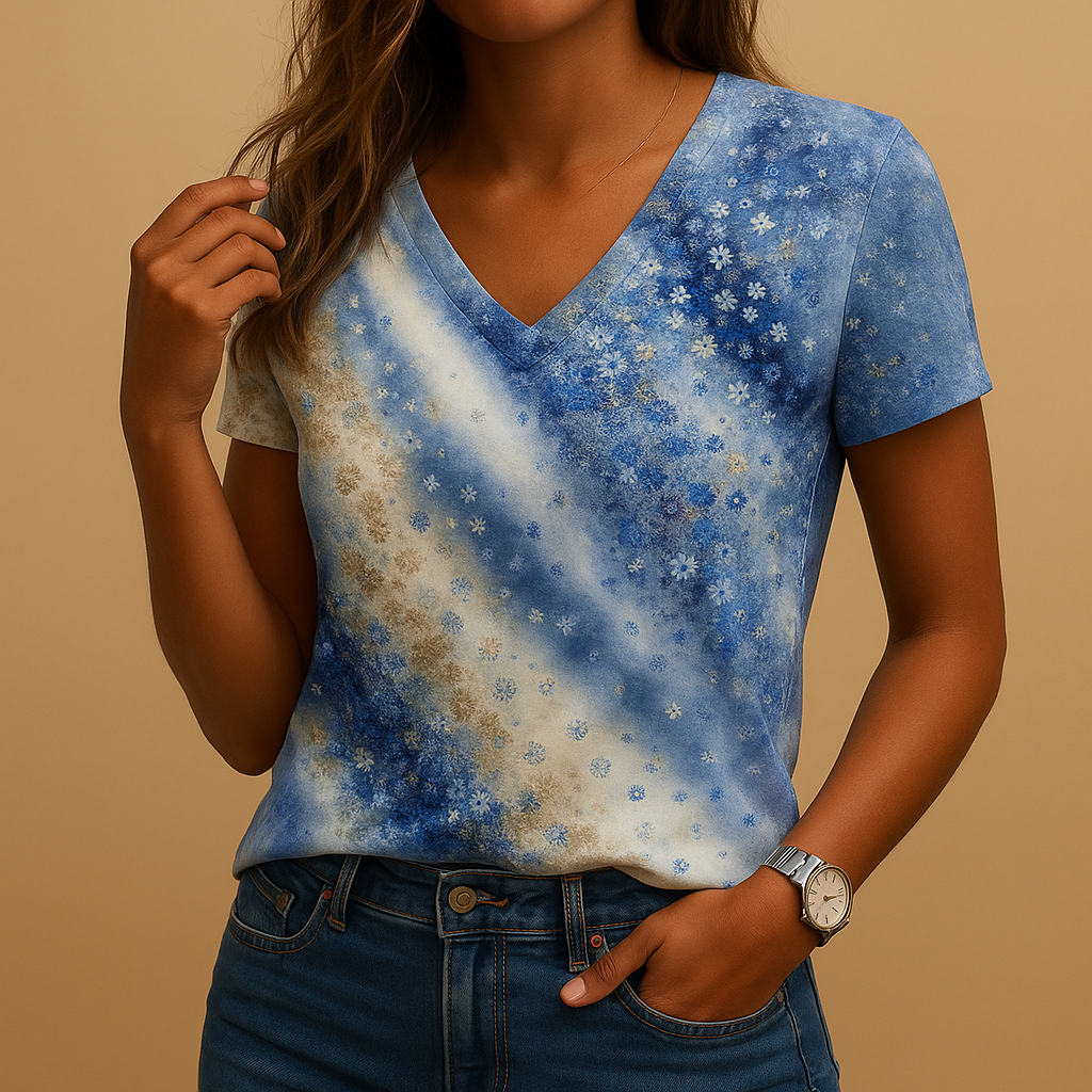 Women’s gradient V-neck summer blouse with short sleeves — breathable, relaxed fit, and perfect for casual or vacation wear.