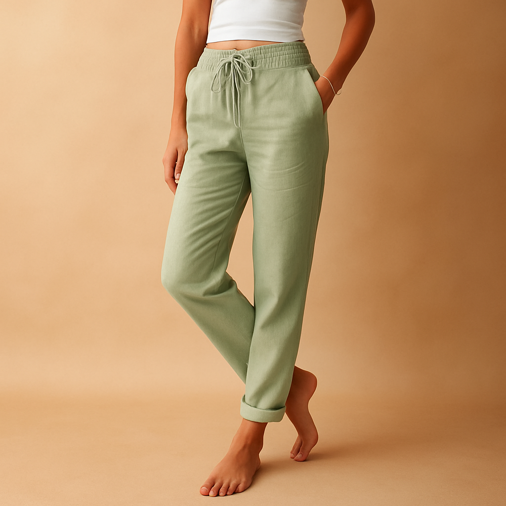 Women’s high waist lounge pants with straight legs and pockets, made from lightweight fabric, perfect for casual and relaxed outfits.