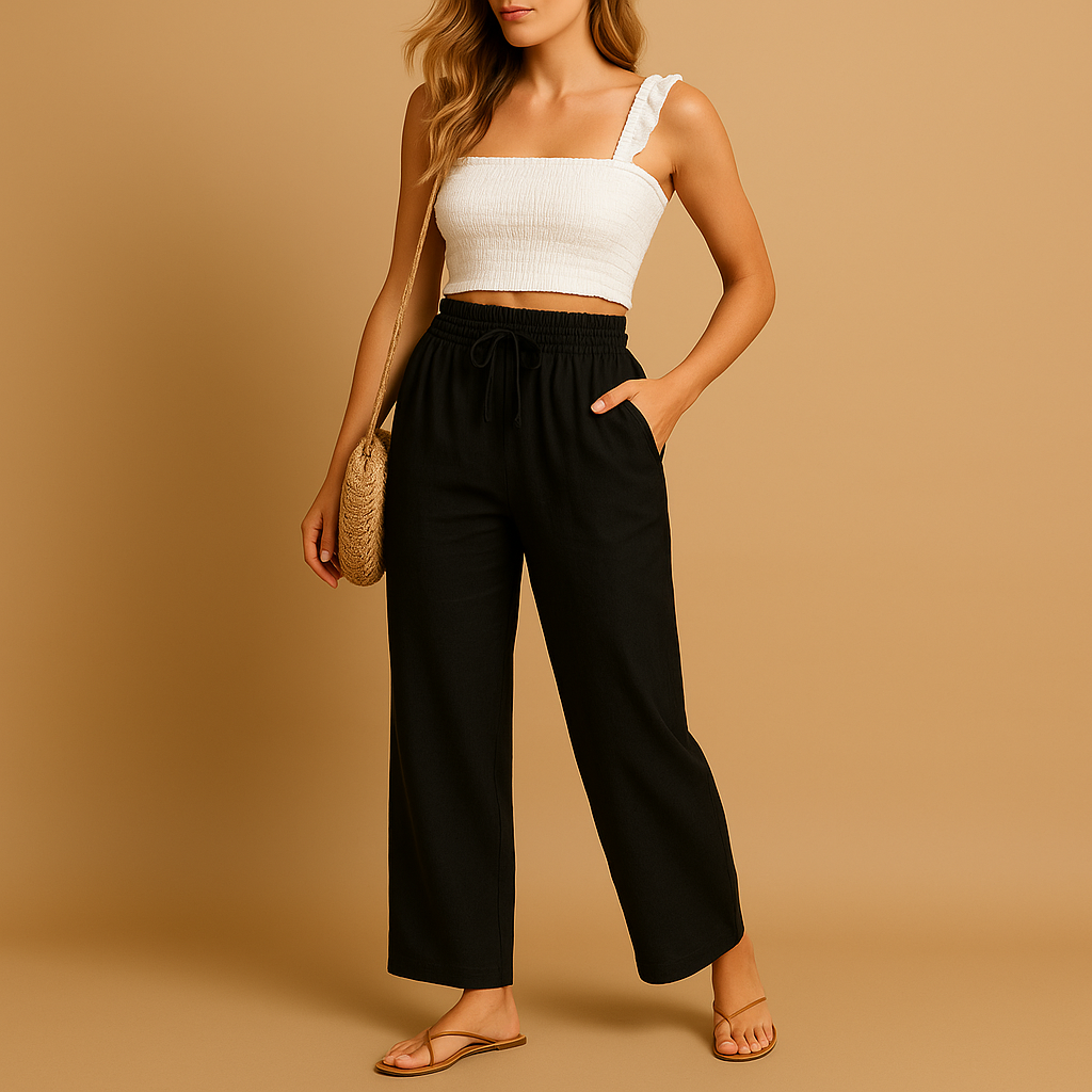 Women’s high waist lounge pants with straight legs and pockets, made from lightweight fabric, perfect for casual and relaxed outfits.