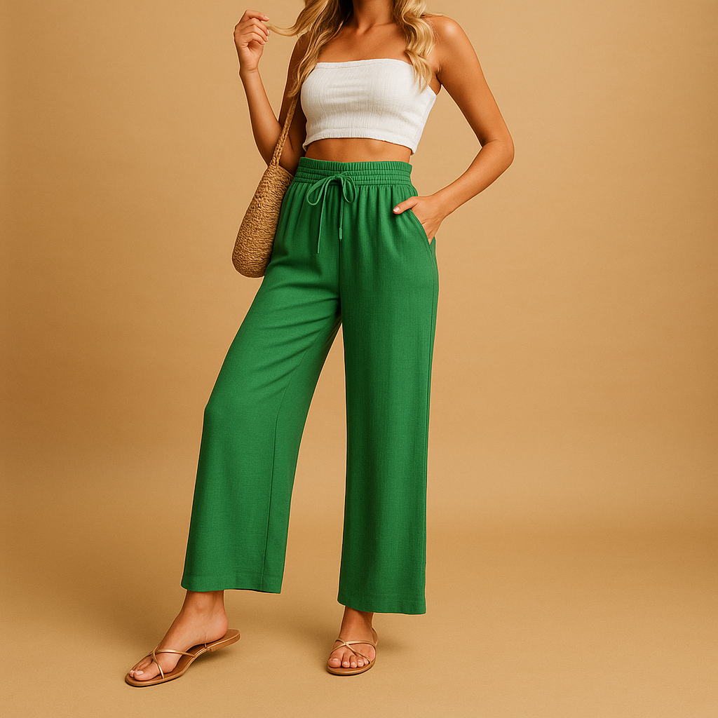 Women’s high waist lounge pants with straight legs and pockets, made from lightweight fabric, perfect for casual and relaxed outfits.