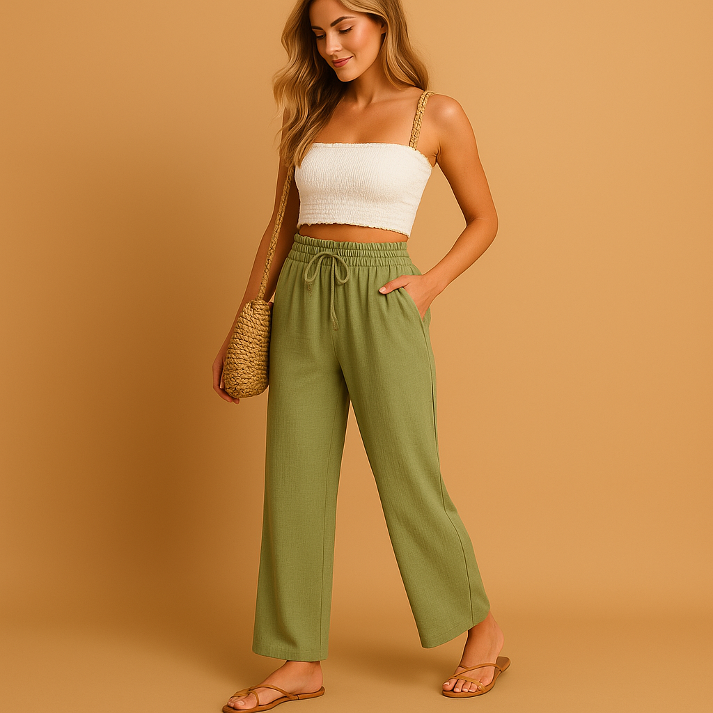 Women’s high waist lounge pants with straight legs and pockets, made from lightweight fabric, perfect for casual and relaxed outfits.
