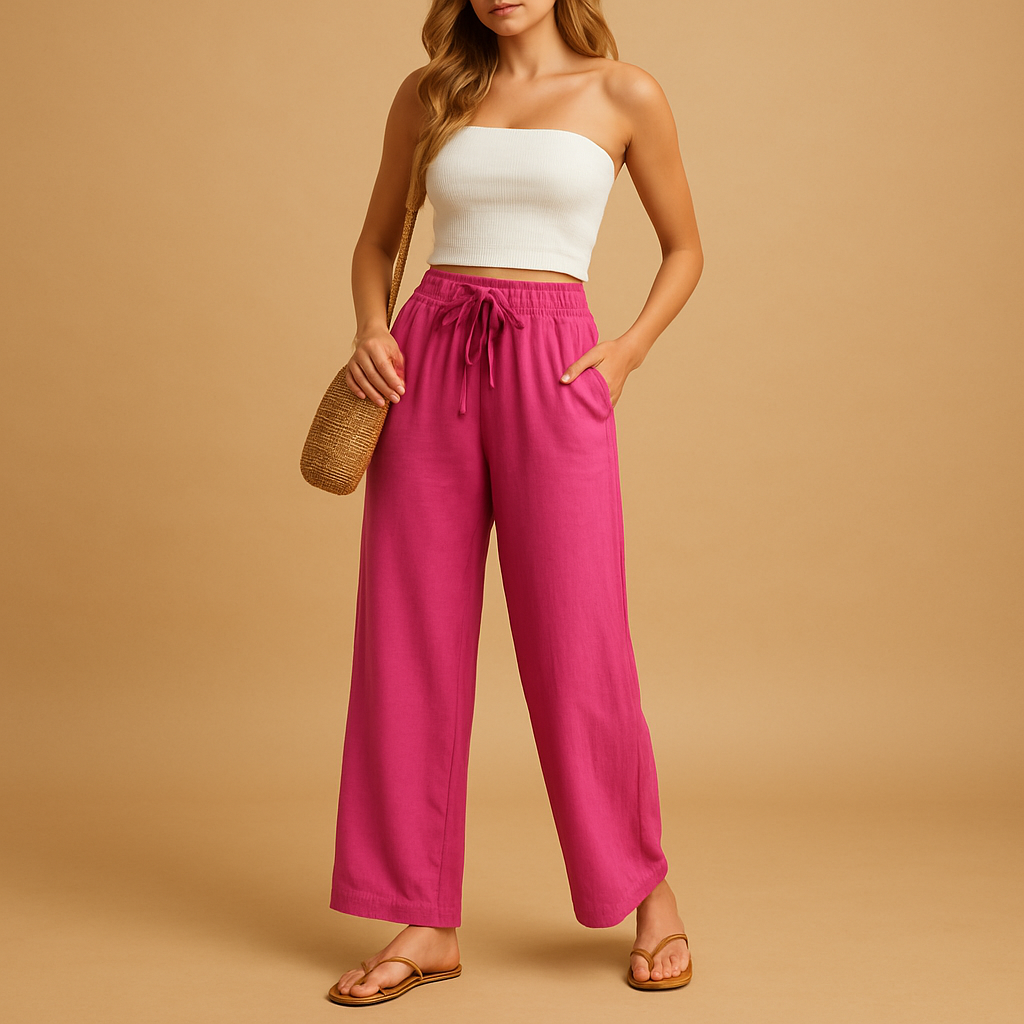 Women’s high waist lounge pants with straight legs and pockets, made from lightweight fabric, perfect for casual and relaxed outfits.
