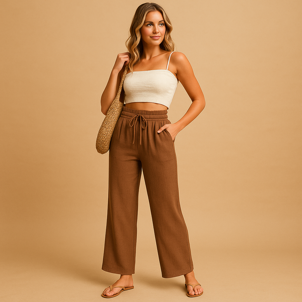 Women’s high waist lounge pants with straight legs and pockets, made from lightweight fabric, perfect for casual and relaxed outfits.