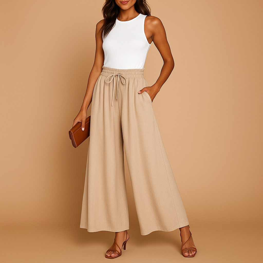 Women’s high-waist wide-leg pants with an elastic waistband, ideal for business, casual, or evening outfits.