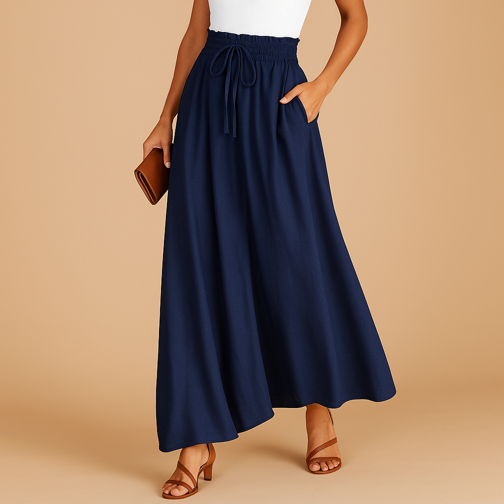 Women’s high-waist wide-leg pants with an elastic waistband, ideal for business, casual, or evening outfits.
