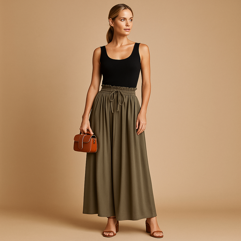 Women’s high-waist wide-leg pants with an elastic waistband, ideal for business, casual, or evening outfits.
