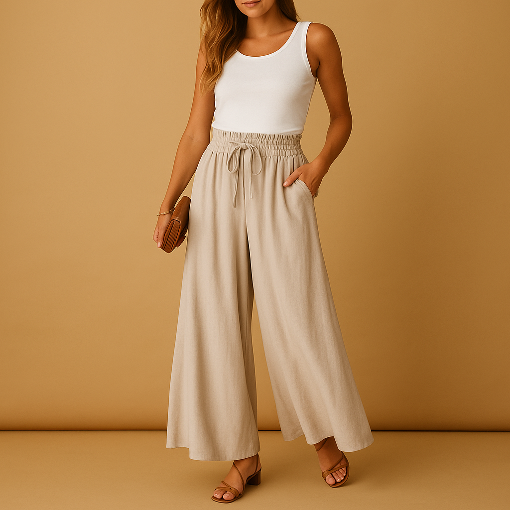 Women’s high-waist wide-leg pants with an elastic waistband, ideal for business, casual, or evening outfits.