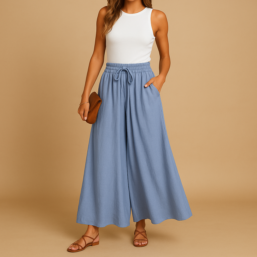 Women’s high-waist wide-leg pants with an elastic waistband, ideal for business, casual, or evening outfits.