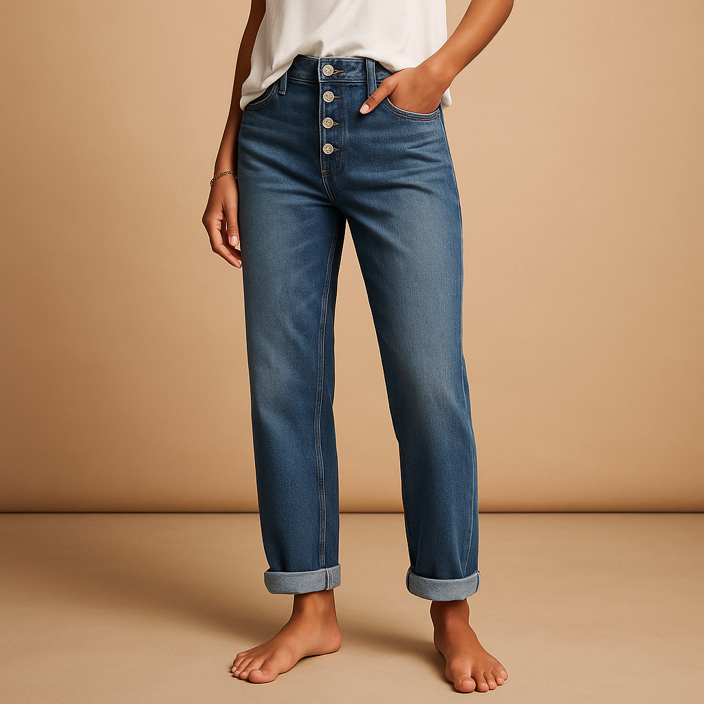 Women’s high-waisted loose fit jeans in classic denim blue with wide legs, perfect for casual and trendy everyday outfits.