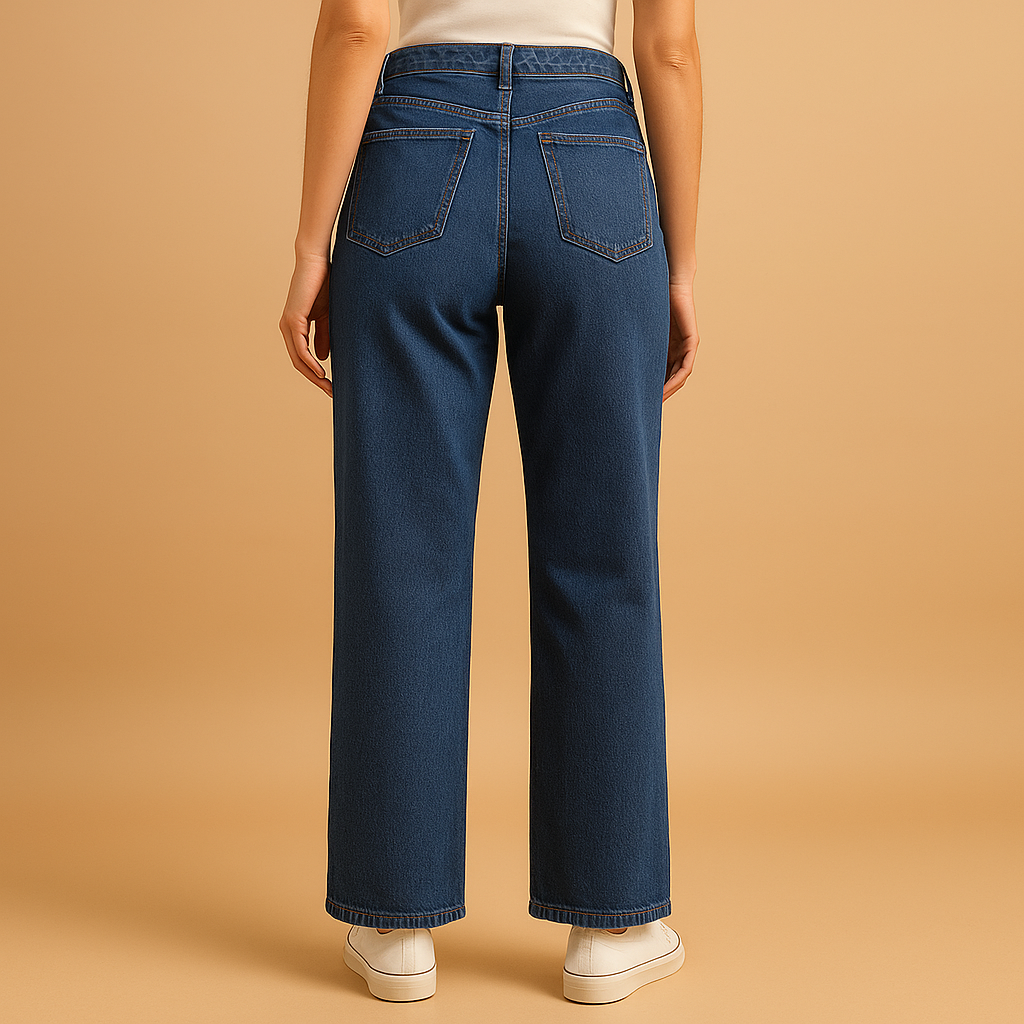 Women’s high-waisted loose fit jeans in classic denim blue with wide legs, perfect for casual and trendy everyday outfits.
