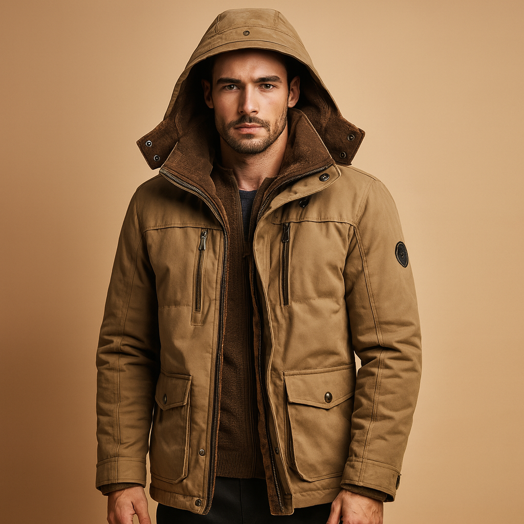 Men’s hooded winter coat with thick insulation and timeless design, providing warmth and protection against wind and rain during cold winter days.
