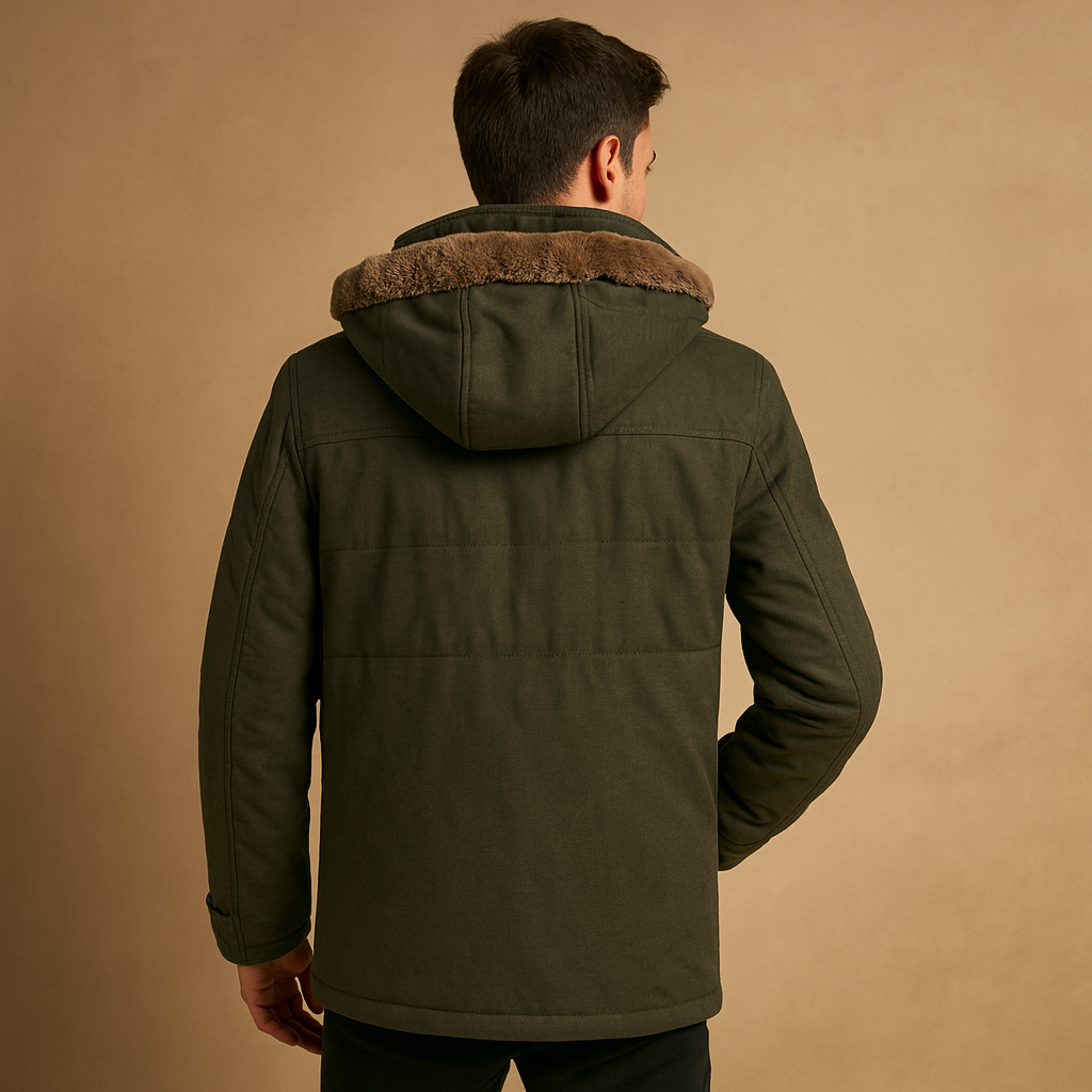 Men’s hooded winter coat with thick insulation and timeless design, providing warmth and protection against wind and rain during cold winter days.