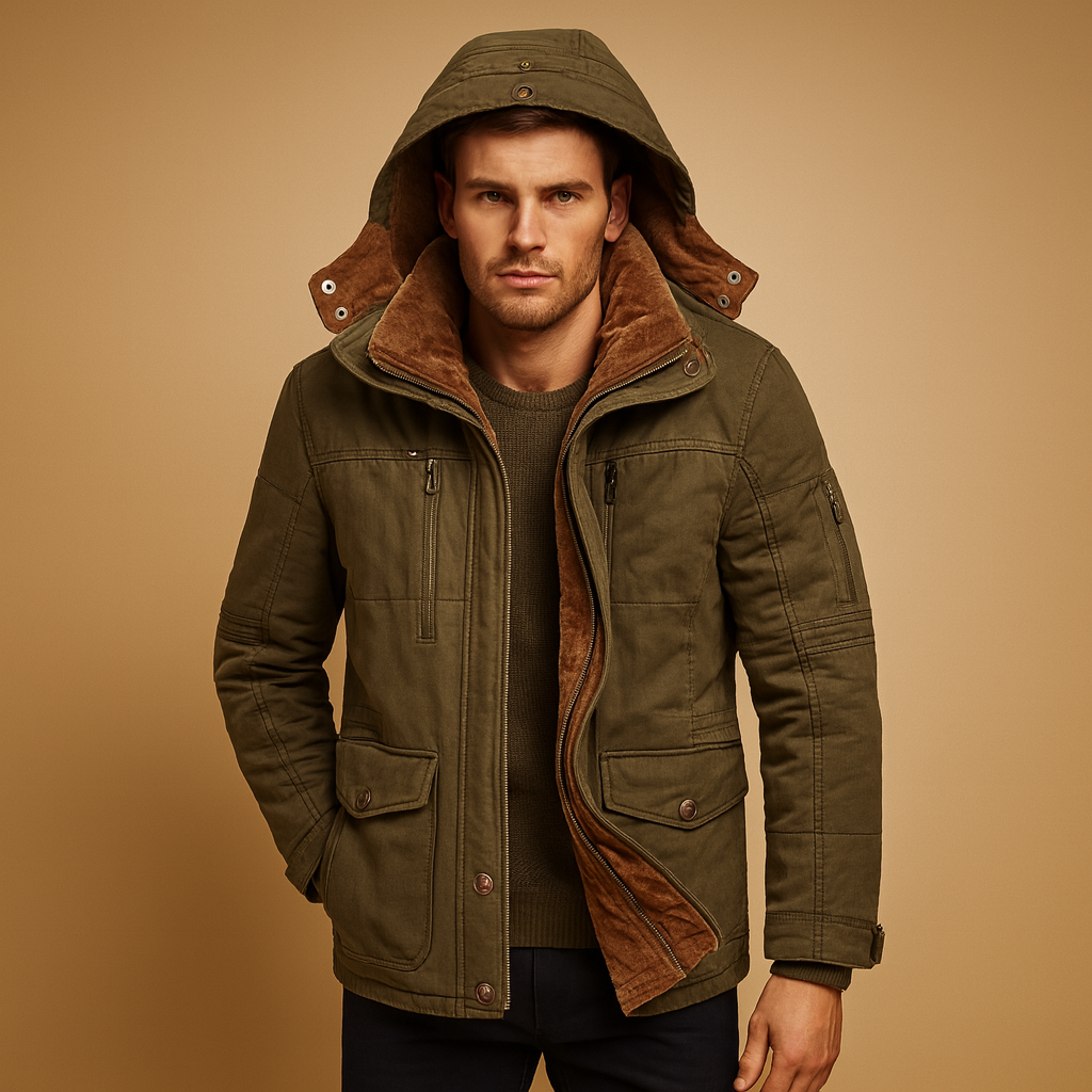 Men’s hooded winter coat with thick insulation and timeless design, providing warmth and protection against wind and rain during cold winter days.