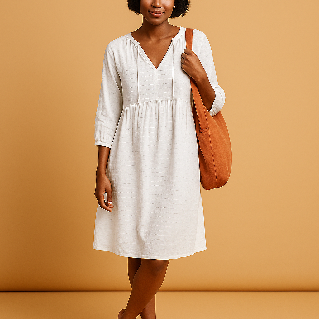 Knee-length summer dress for women named Sienna, featuring short sleeves, a flattering fit, and breathable cotton comfort for casual or formal wear.