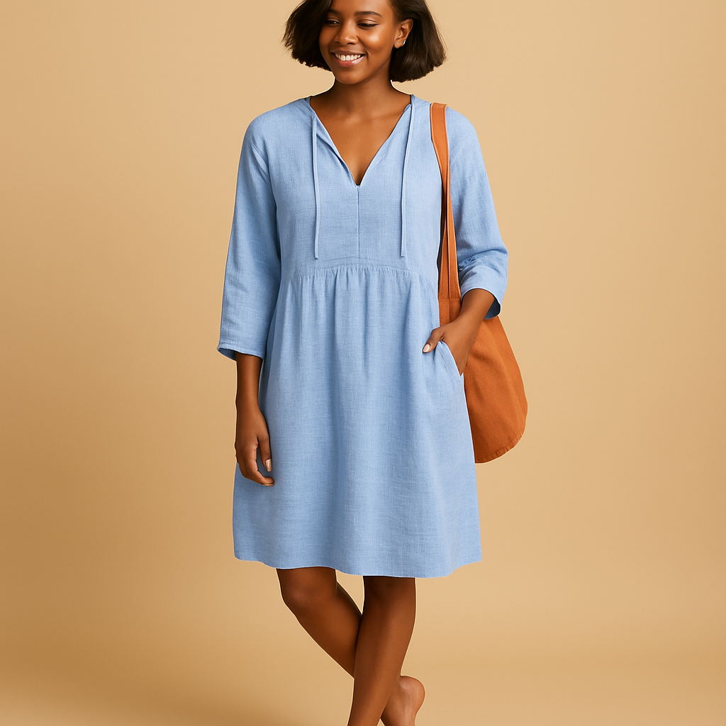 Knee-length summer dress for women named Sienna, featuring short sleeves, a flattering fit, and breathable cotton comfort for casual or formal wear.