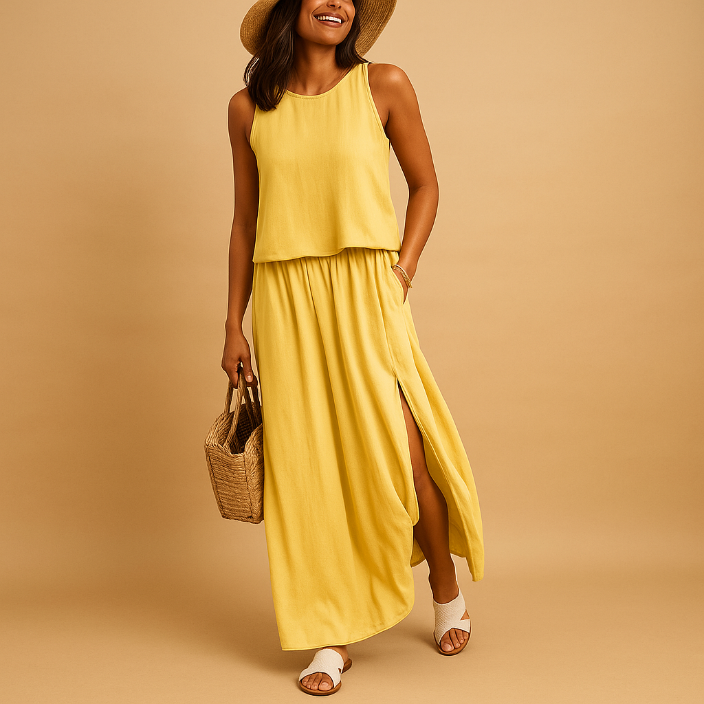 Knee-length summer dress for women with short sleeves, relaxed fit, and breathable fabric. Perfect for casual wear, daily use, or chic summer occasions.