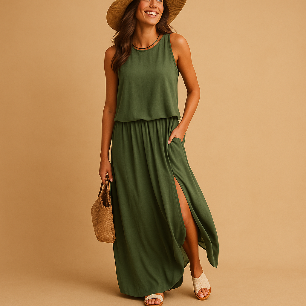 Knee-length summer dress for women with short sleeves, relaxed fit, and breathable fabric. Perfect for casual wear, daily use, or chic summer occasions.