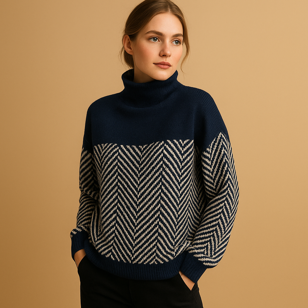 Women’s knit sweater with herringbone pattern and high neckline, relaxed fit, soft design, perfect for casual, work, or cozy outfits.