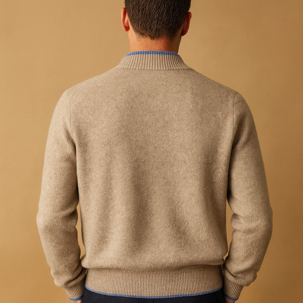 Men’s knitted zip cardigan with a classic collar, warm comfortable fit, and minimalist design for casual or business-casual outfits in autumn and winter.