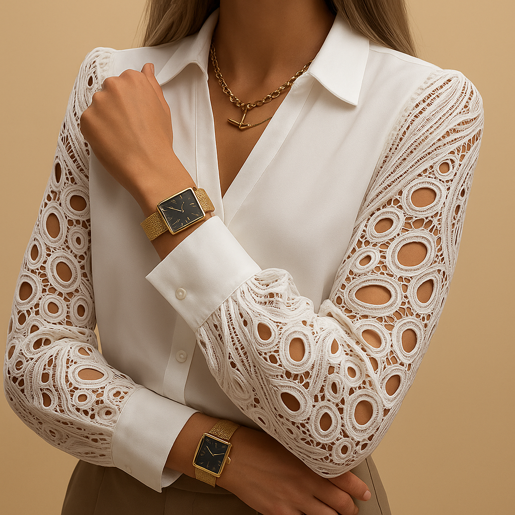 Elegant lace sleeve blouse for women with classic collar and button front, perfect for work, dinners, or formal occasions.