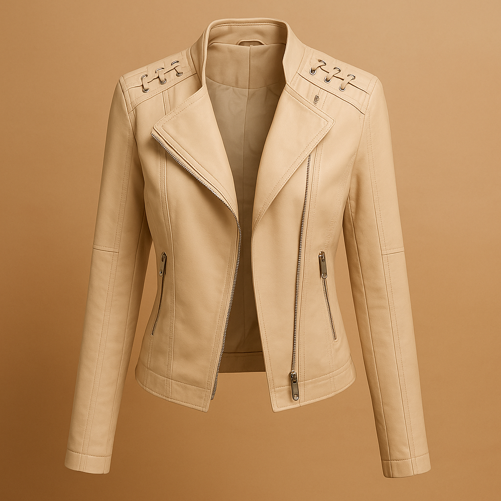 Women’s leather jacket with stand-up collar, silver zipper details, and multiple pockets. A stylish and versatile jacket for casual or elegant spring and fall looks.