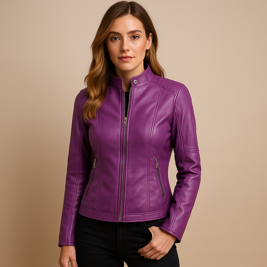Amelia leather jacket for women with symmetric zipper, collar, and press-stud details. Available in Black, Camel, Beige, and Wine Red.