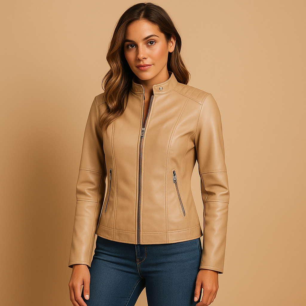 Amelia leather jacket for women with symmetric zipper, collar, and press-stud details. Available in Black, Camel, Beige, and Wine Red.