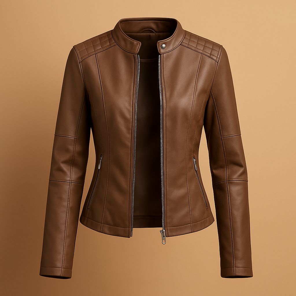 Amelia leather jacket for women with symmetric zipper, collar, and press-stud details. Available in Black, Camel, Beige, and Wine Red.