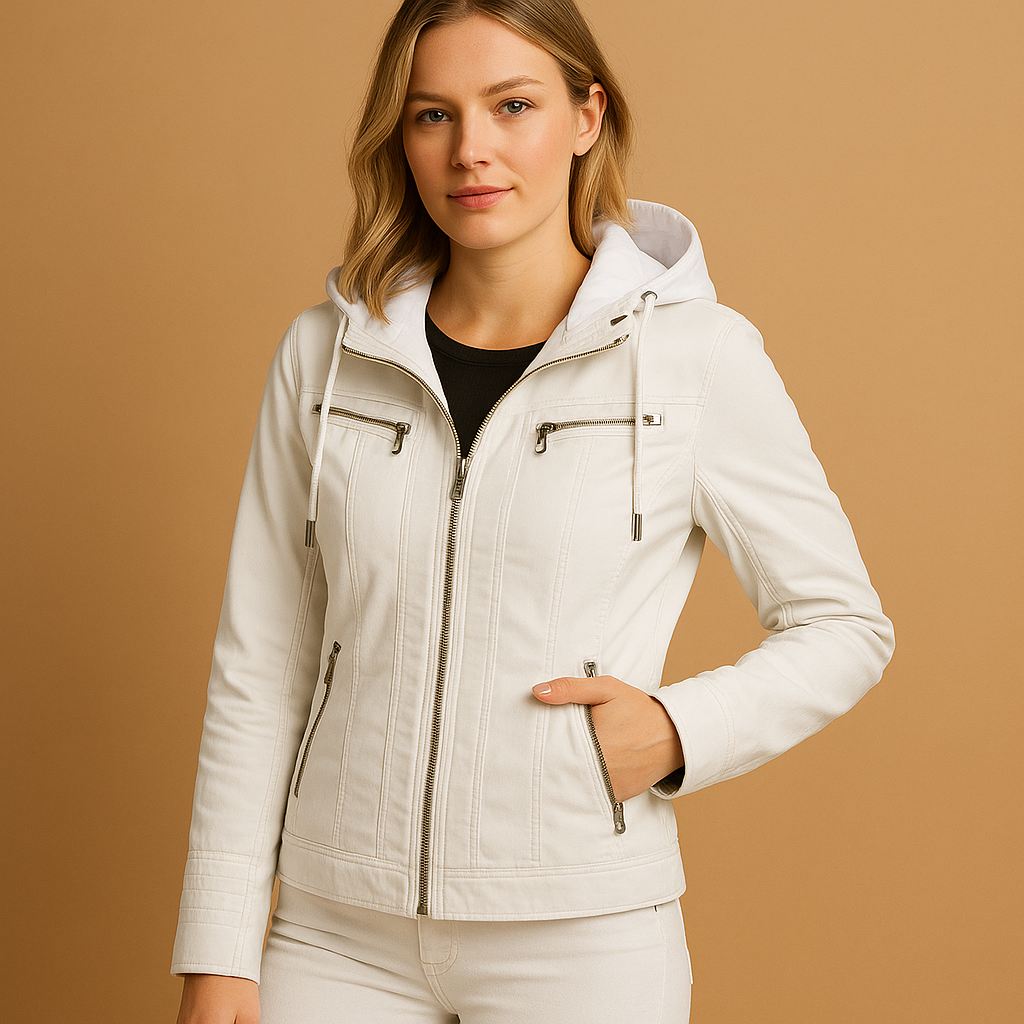 Leather jacket with hood for women featuring tailored fit, double zipper, and silver details, available in black, coffee, camel, apricot, beige, and white.