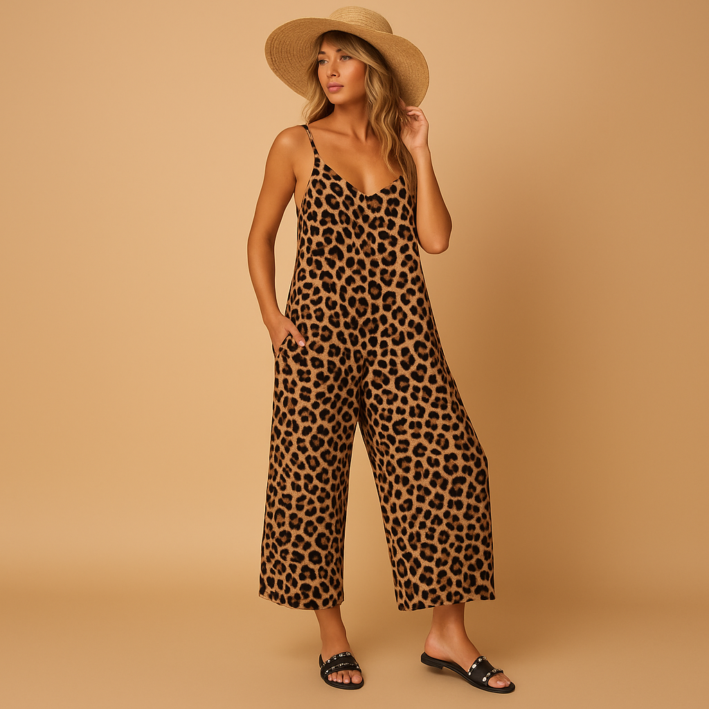 Women’s leopard print halter jumpsuit with airy fit and lightweight fabric, available in blue, khaki, and coffee.