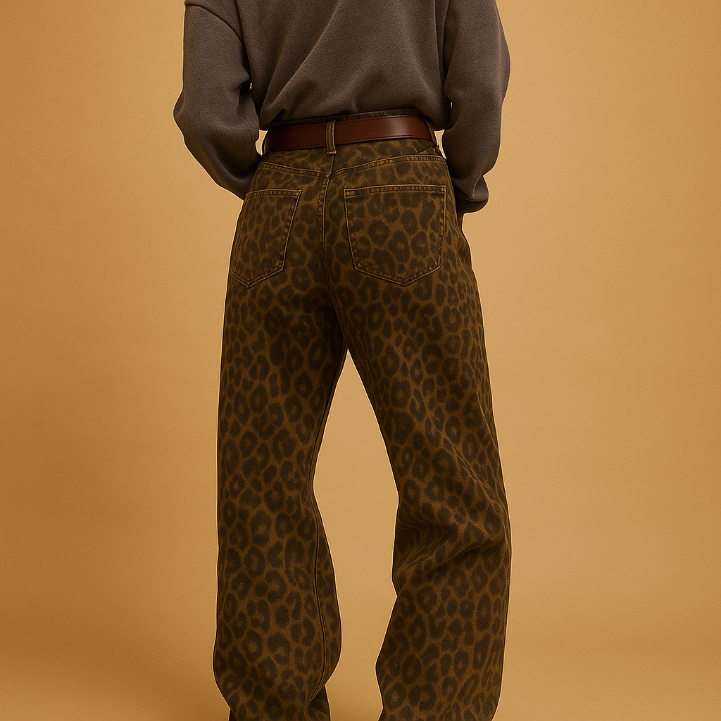 Women’s slim fit leopard print jeans with soft stretch fabric, perfect for casual wear or bold evening outfits.
