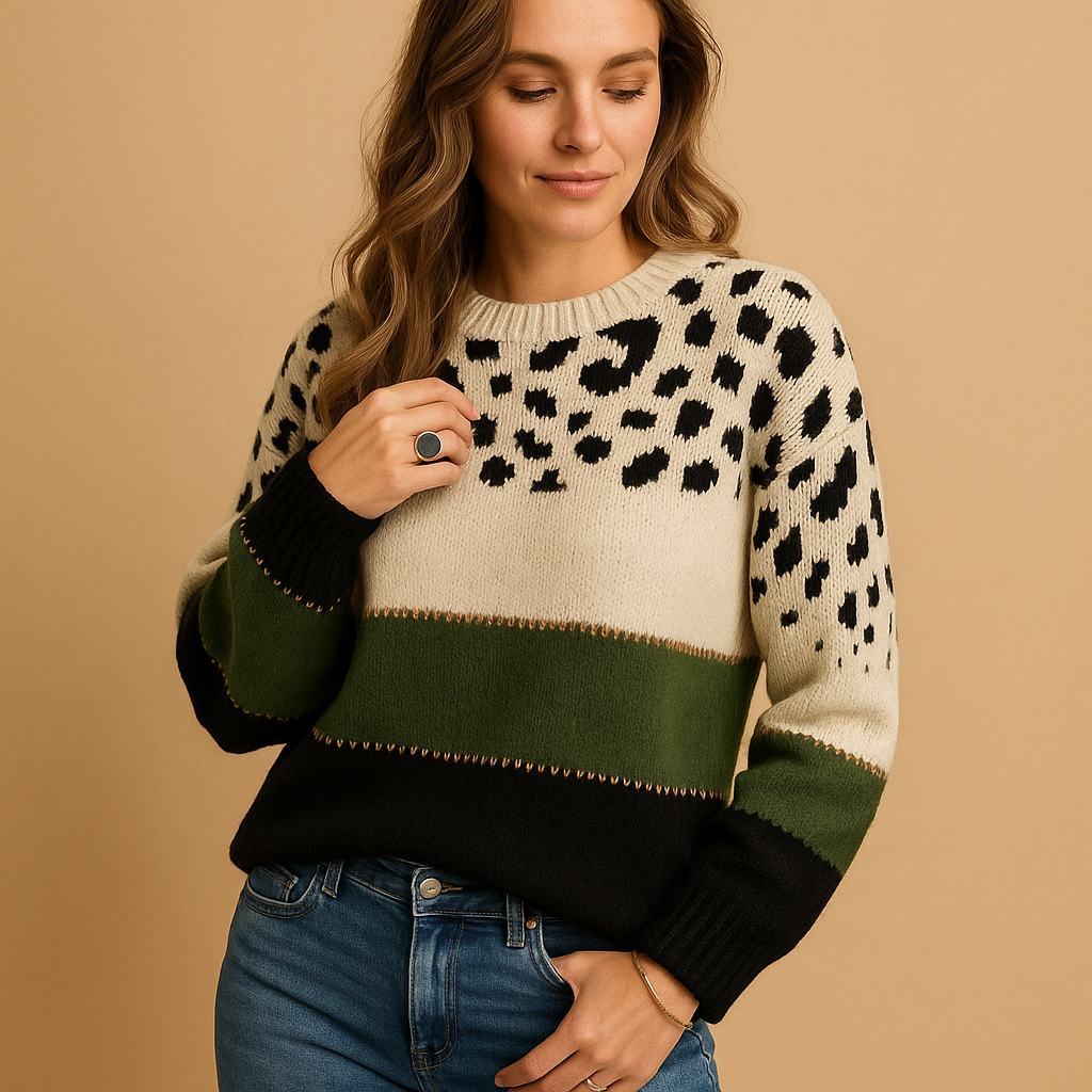 Women’s leopard print sweater in beige with black, relaxed fit and breathable cotton fabric, ideal for casual and stylish everyday outfits.