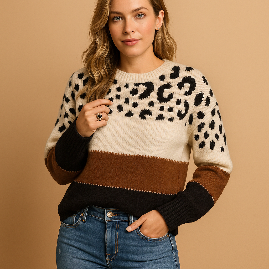 Women’s leopard print sweater in beige with black, relaxed fit and breathable cotton fabric, ideal for casual and stylish everyday outfits.