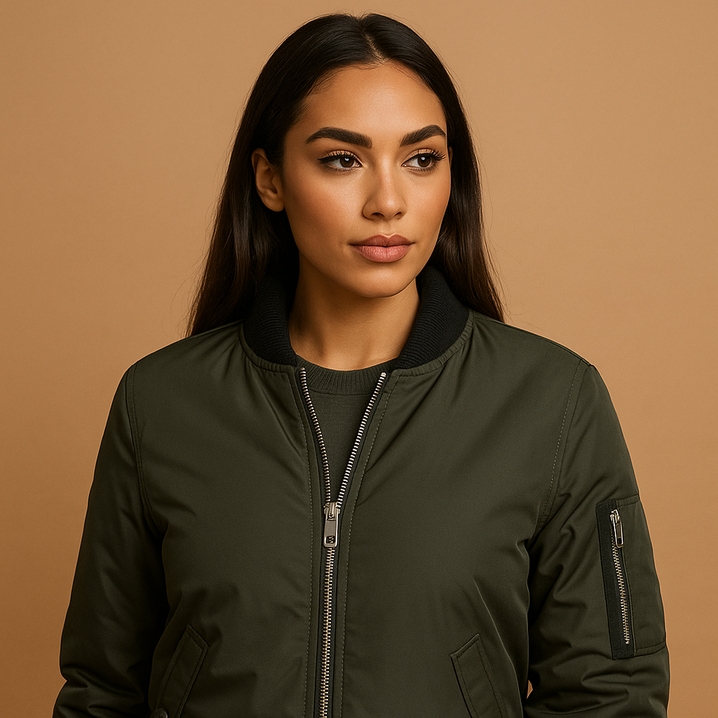 Women’s lightweight bomber jacket with zipper and side pockets, ideal for casual outfits, summer days, and trendy evening looks.