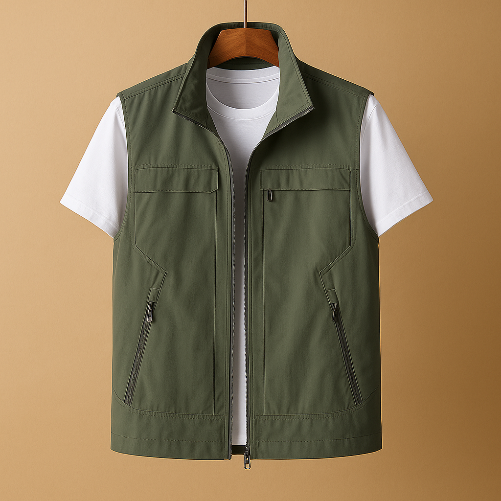 Men’s lightweight outdoor cardigan with breathable mesh design, short sleeves, and functional pockets, perfect for hiking, fishing, and camping.