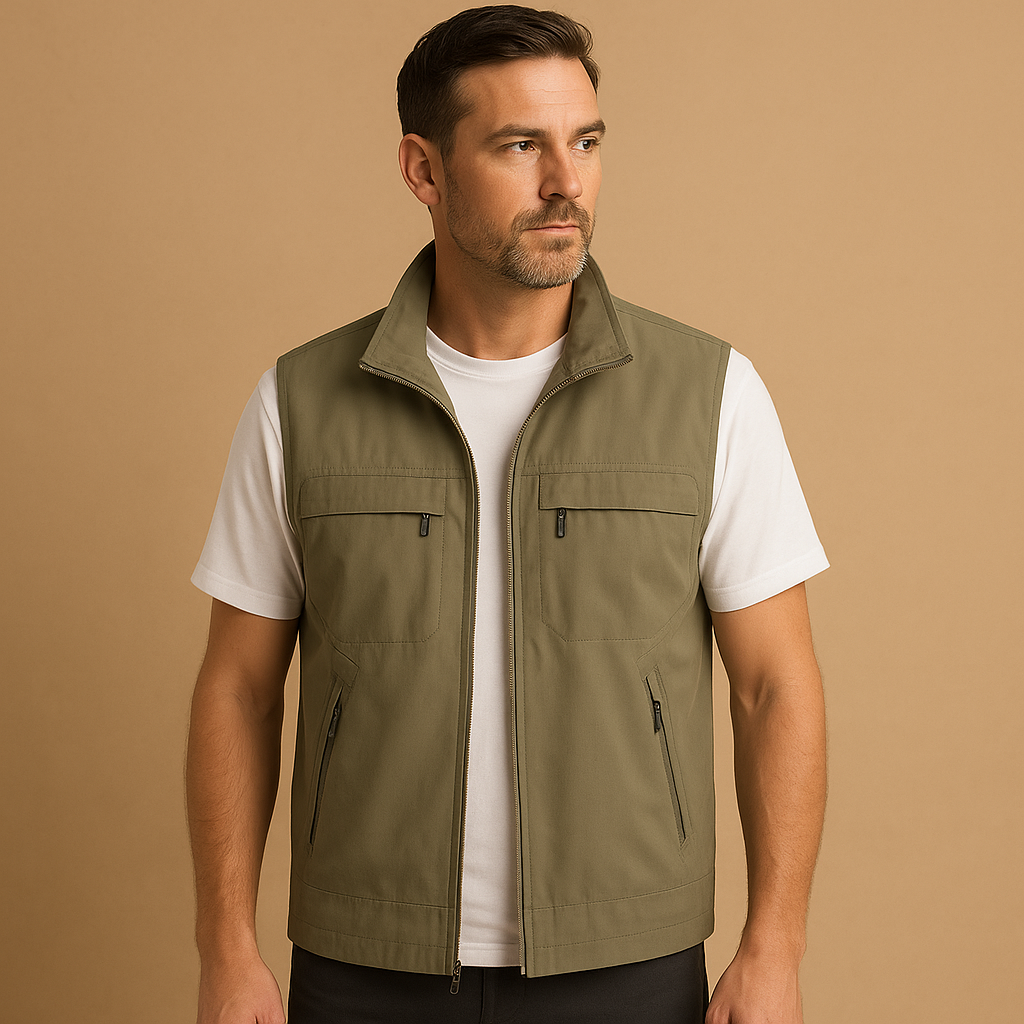 Men’s lightweight outdoor cardigan with breathable mesh design, short sleeves, and functional pockets, perfect for hiking, fishing, and camping.