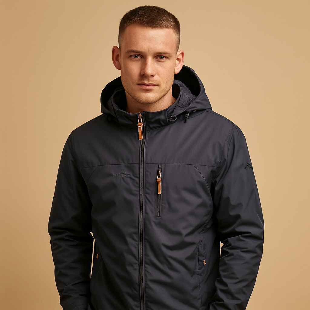 Men’s lightweight waterproof rain jacket with adjustable hood, breathable fabric, and wind protection. Ideal for casual wear and outdoor activities.