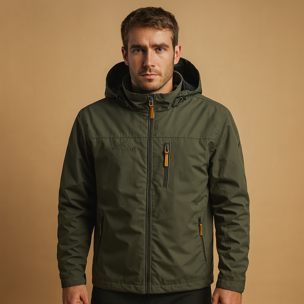 Men’s lightweight waterproof rain jacket with adjustable hood, breathable fabric, and wind protection. Ideal for casual wear and outdoor activities.