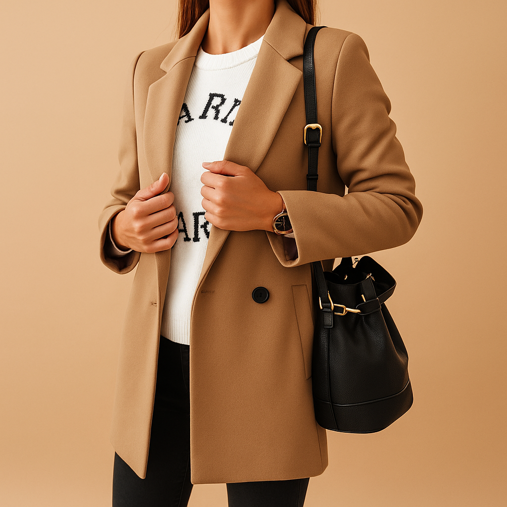 Marissa long elegant jacket for women with classic silhouette, refined finish, and comfortable fit. Available in neutral tones for all seasons.
