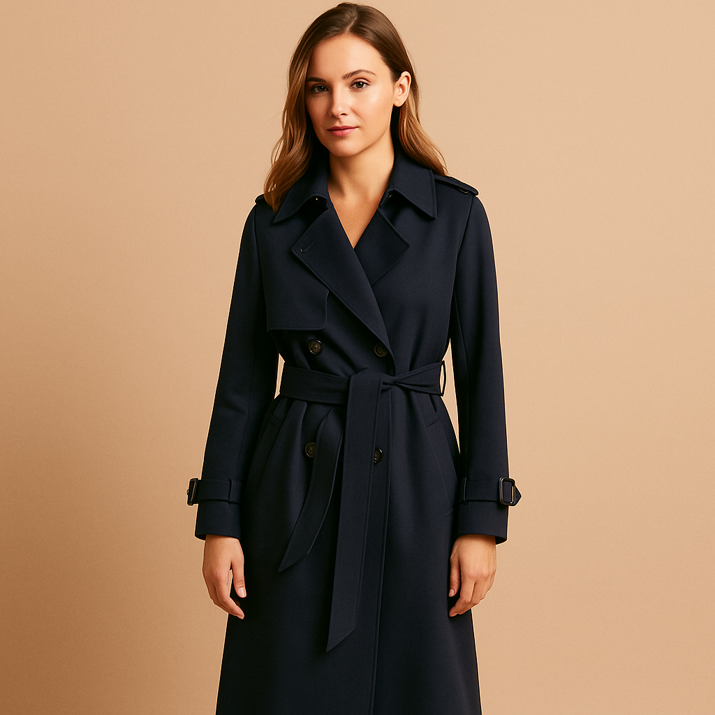 Women’s long elegant winter coat with double-breasted closure and tailored fit, perfect for formal occasions, office wear, and stylish winter outings.
