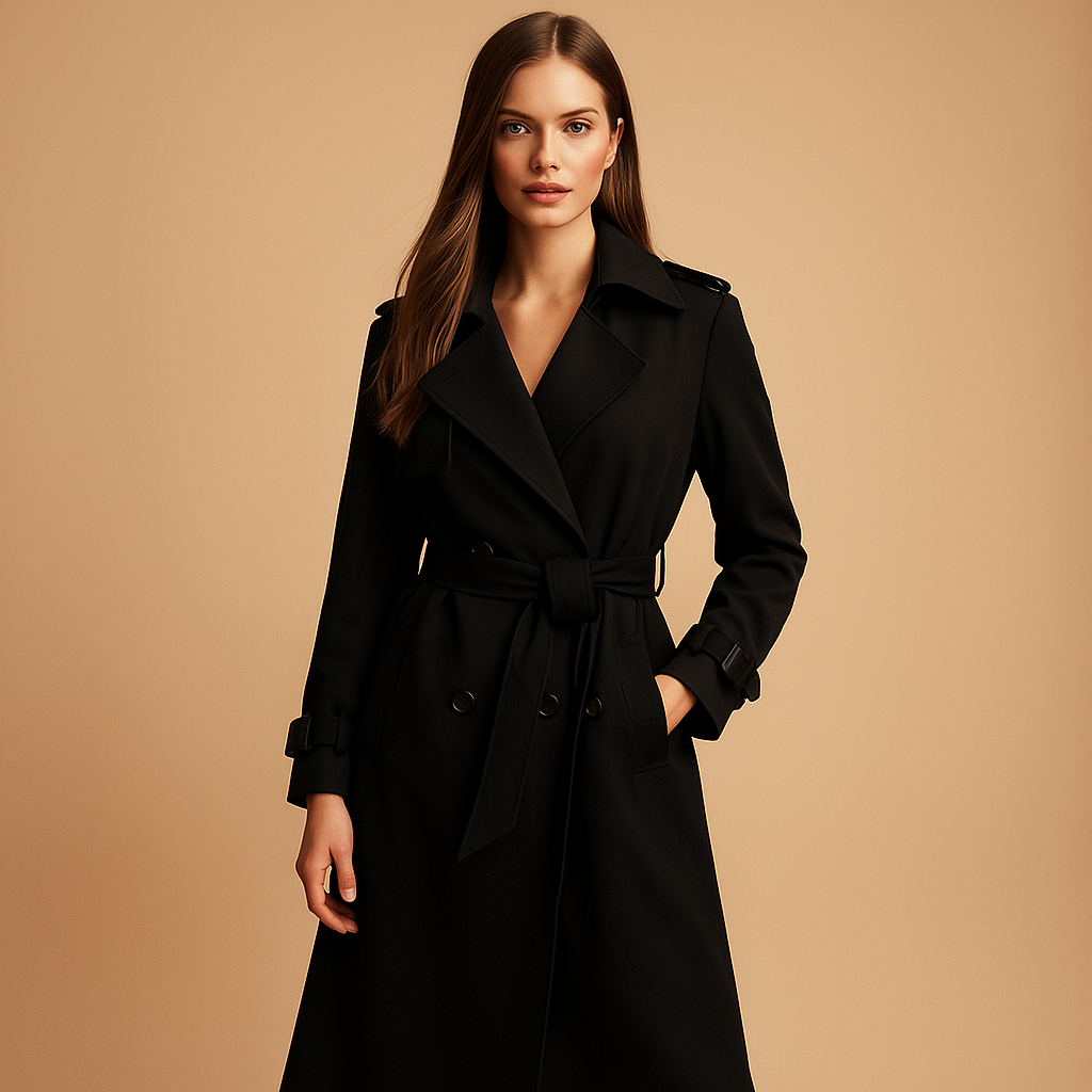 Women’s long elegant winter coat with double-breasted closure and tailored fit, perfect for formal occasions, office wear, and stylish winter outings.
