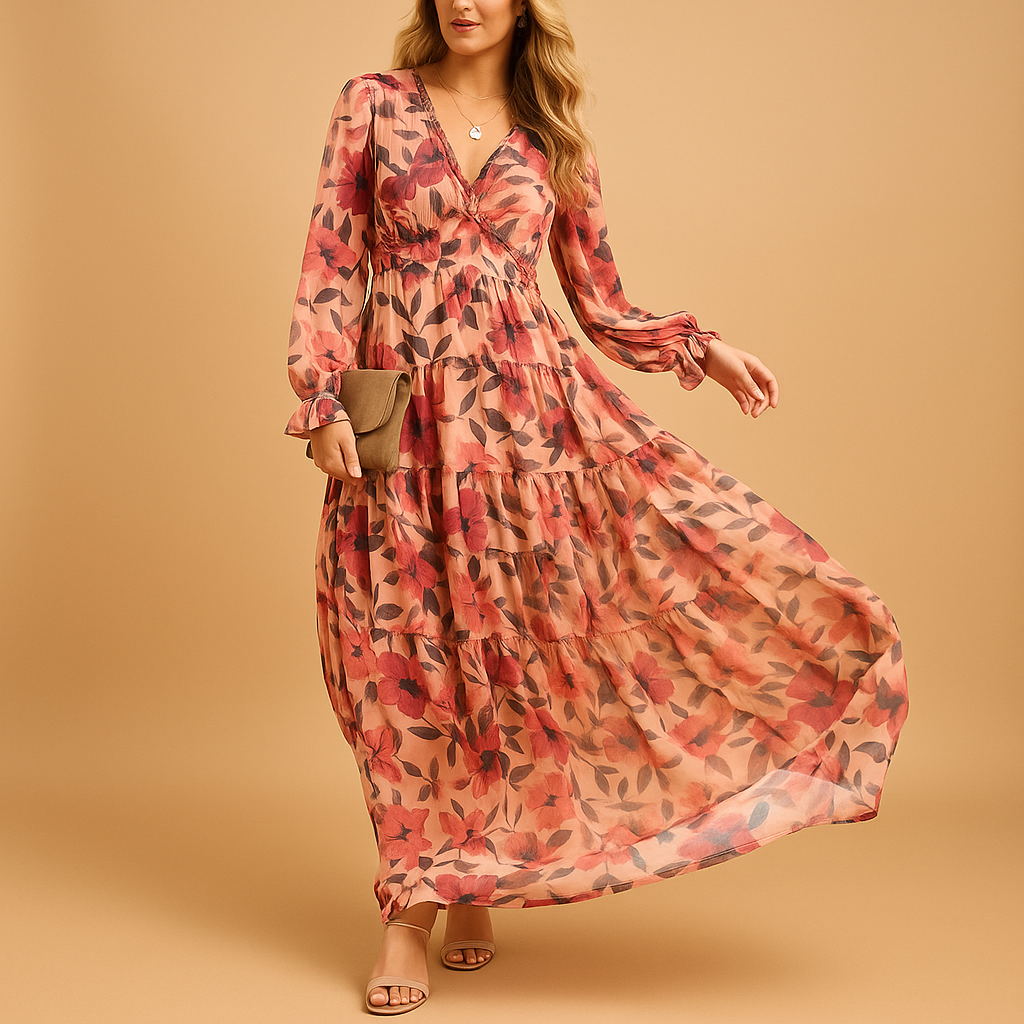 Long floral summer dress for women named Amara, featuring a V-neckline, breathable fabric, and a flowy fit ideal for beach days and warm summer events.