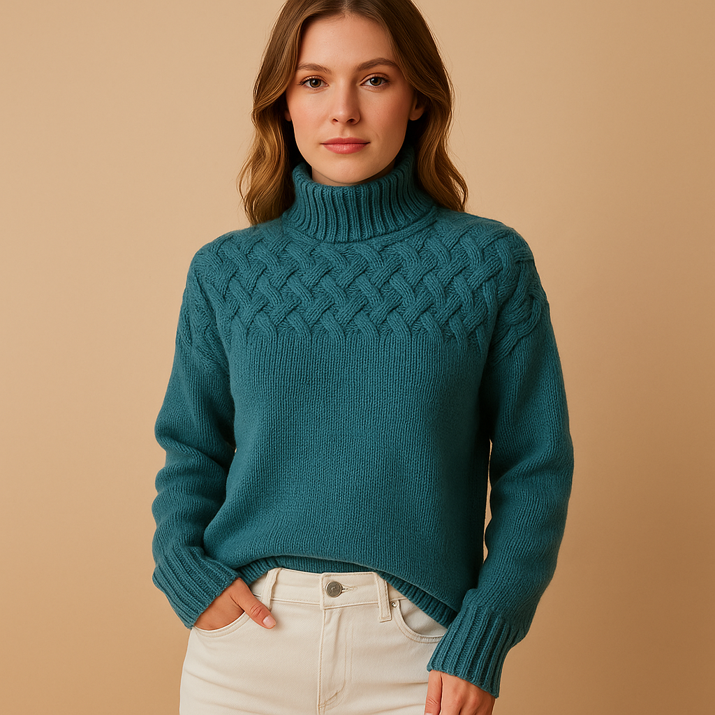 Women’s long knitted turtleneck sweater with soft breathable fabric, high neck, and relaxed fit, perfect for stylish winter layering.